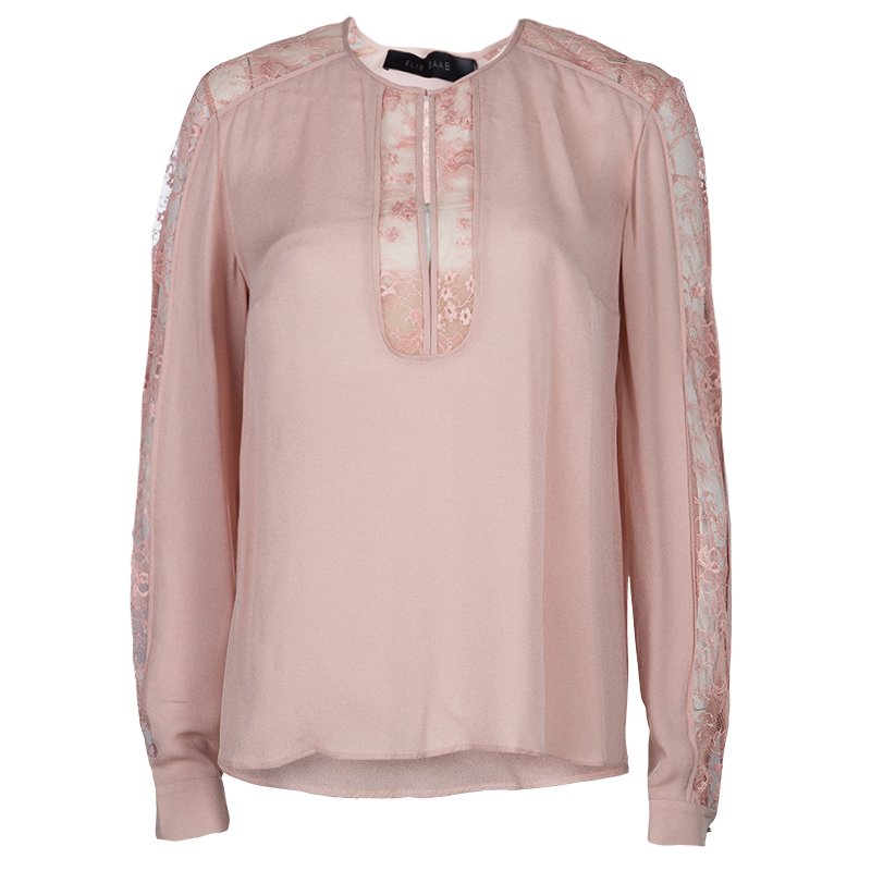 Pre Owned Elie Saab Blush Pink Lace Detail Long Sleeve Silk Blouse S