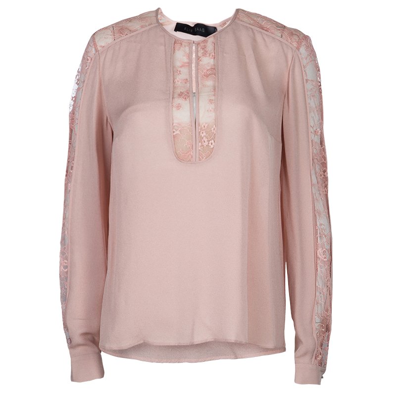 Elie Saab Blush Pink Lace Detail Long Sleeve Silk Blouse M
