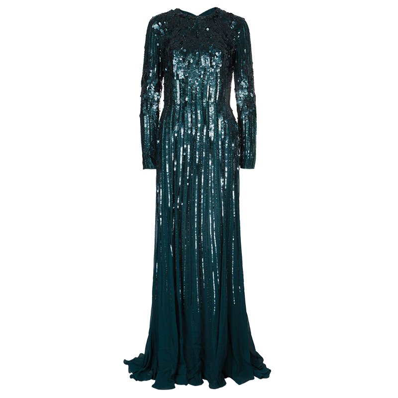 Elie Saab Deep Green All Over Sequin Embellished Long Sleeve Gown M ...