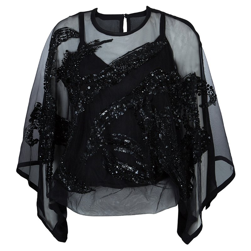 Elie Saab Black Mesh Overlay Sequin Embellished Top S