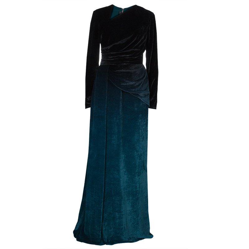 Pre Owned Elie Saab Black and Green Velvet Long Sleeve Gown L