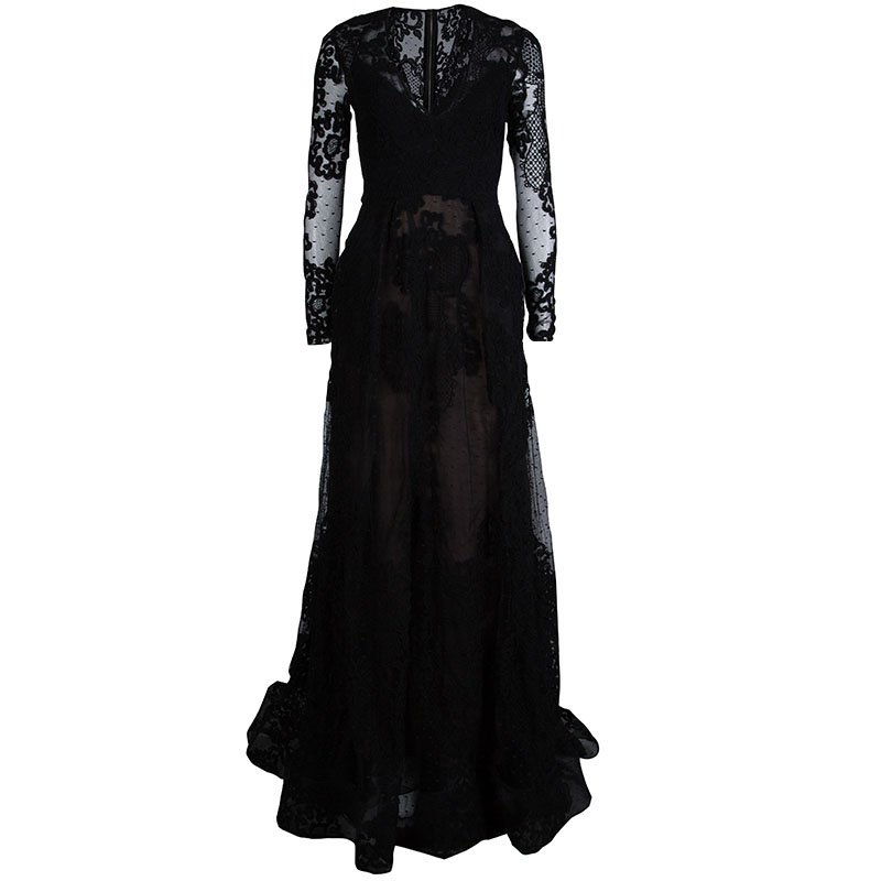 Elie Saab Black Lace Long Sleeve Gown S