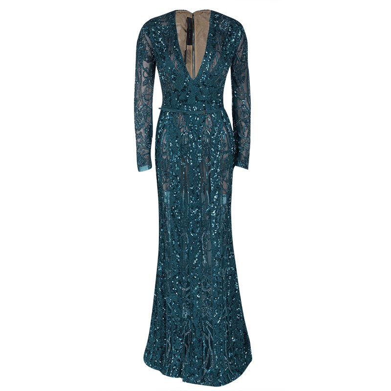 Pre Owned Elie Saab Teal Blue Embellished Long Sleeve Plunge Neck Gown S