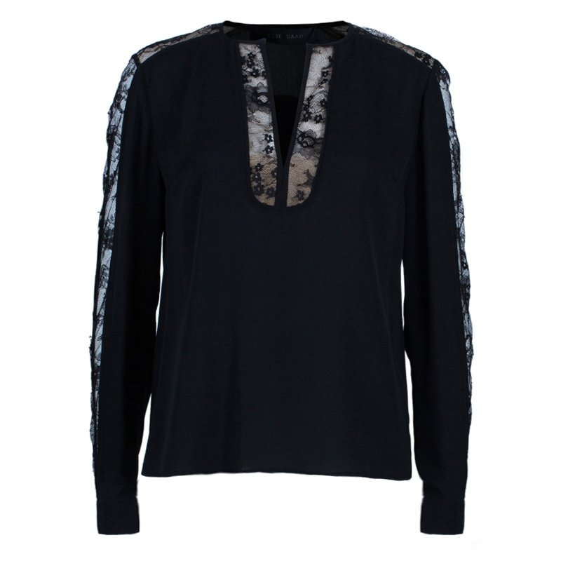 Pre Owned Elie Saab Black Lace Detail Long Sleeve Top S