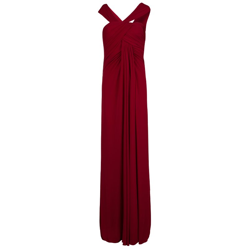 Elie Saab Red Off Shoulder Draped Evening Gown S