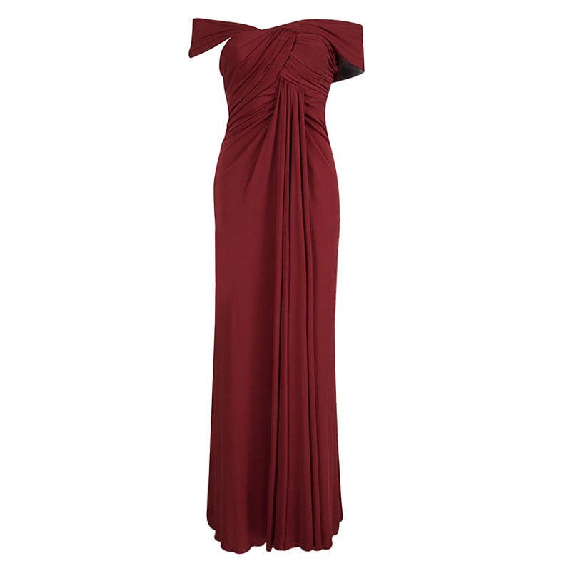 Elie Saab Red Off Shoulder Draped Evening Gown M