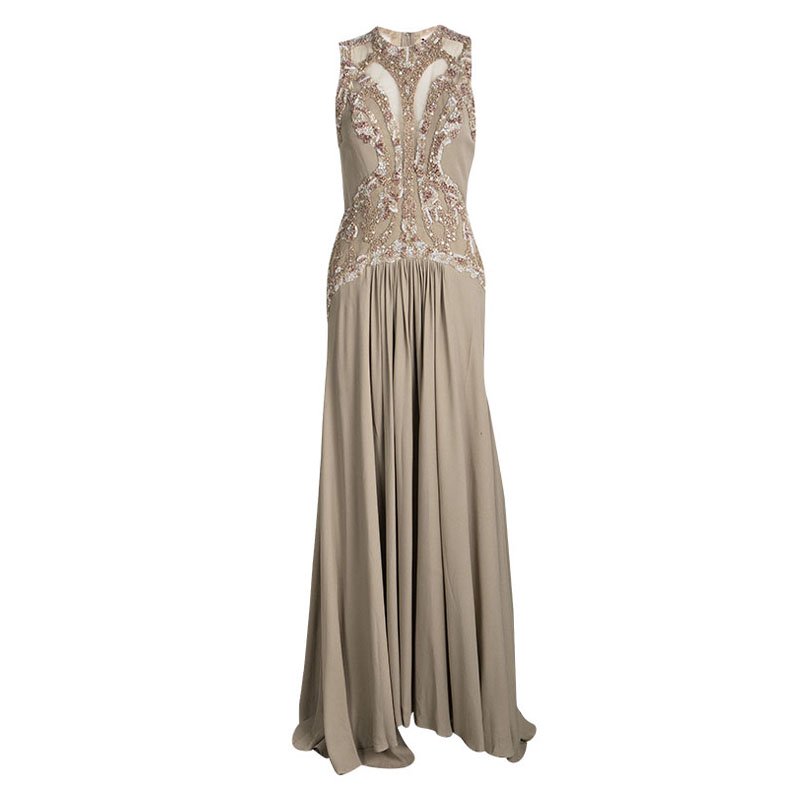 Elie Saab Beige Silk Embellished Mesh Insert Sleeveless Gown M