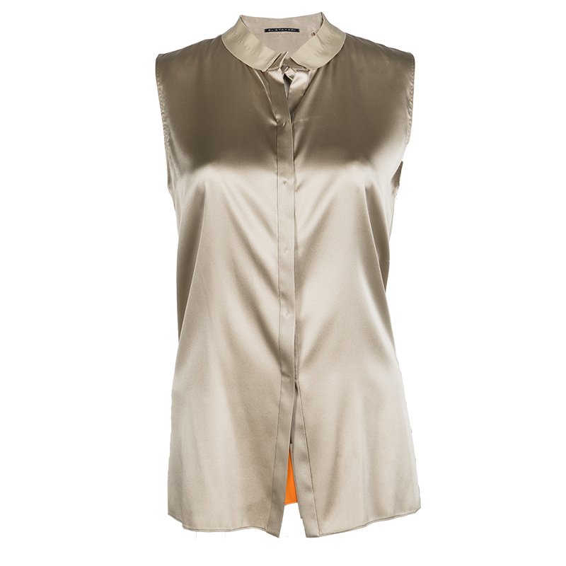Pre Owned Elie Tahari Beige Silk Contrast Bottom Detail Sleeveless Blouse M