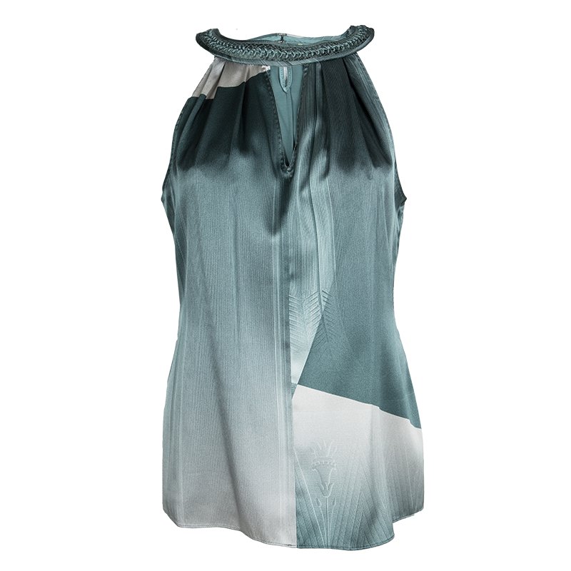 Elie Tahari Blue Printed Silk Braided Leather Neck Trim Sleeveless Blouse S