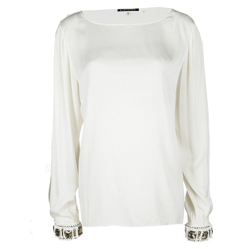 Pre Owned Elie Tahari Cream Silk Embellished Cuff Detail Long Sleeve Blouse XL