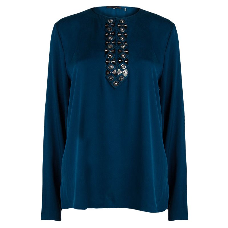 Pre Owned Elie Tahari Peacock Blue Embellished Silk Blouse L