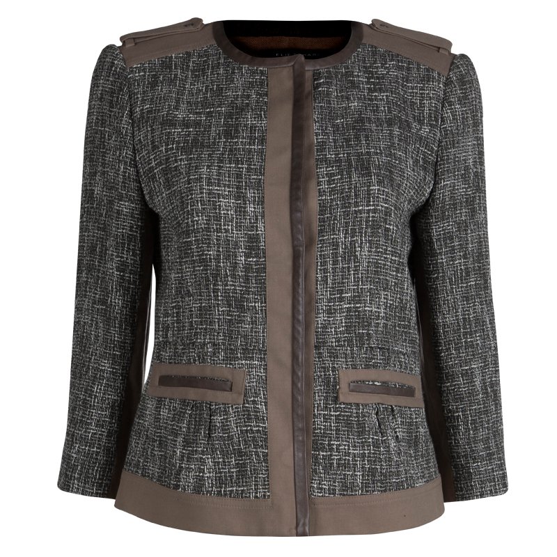 Pre Owned Elie Tahari Olive Green and Brown Textured Cotton Leather Trim Box Jacket M