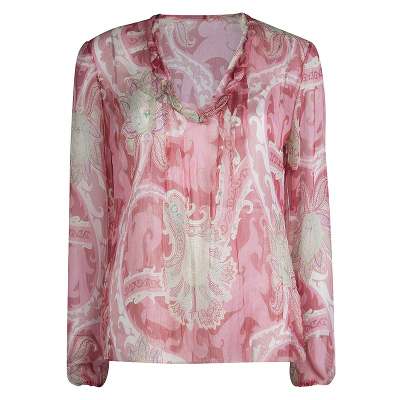 Elie Tahari Multicolor Silk Printed Trim Detail Long Sleeve Top S
