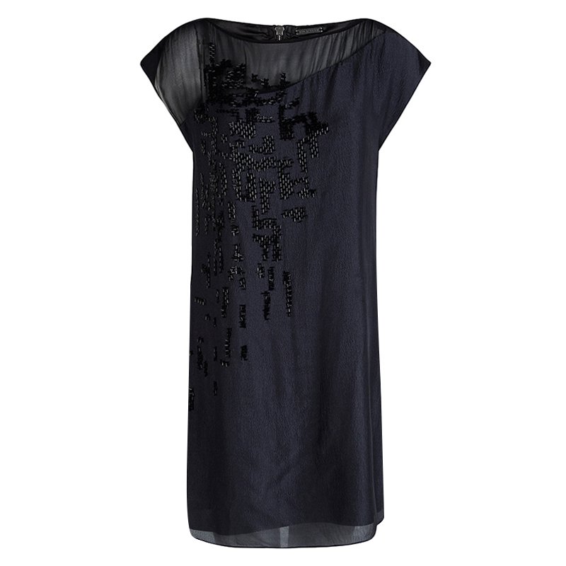 Pre Owned Elie Tahari Grey Silk Embellished Dress M