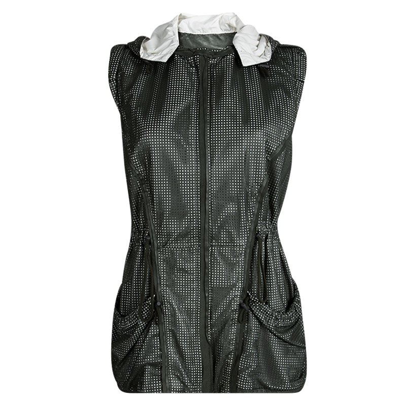 Elie Tahari Olive Green Perforated Leather Hooded Zip Front Jacket L