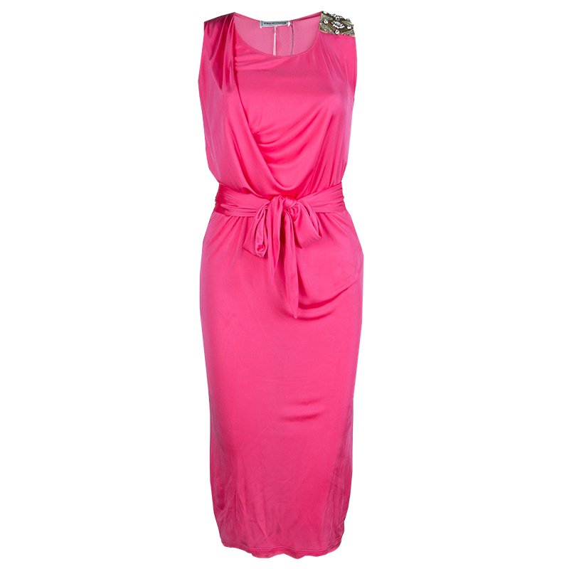 Pre Owned Emilio Pucci Pink Embellished Shoulder Detail Sleeveless Belted Midi Dress S