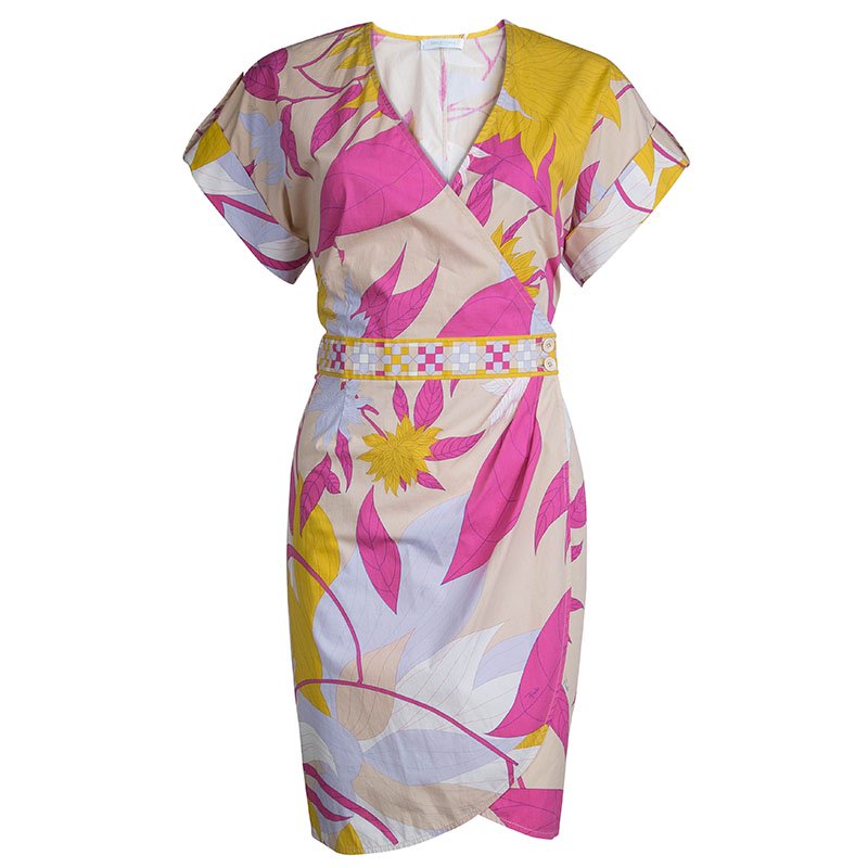 Pre Owned فستان إيميليو بوتشي قطن مطبوع متعدد الألوان أكمام دولمان نمط ملتف M