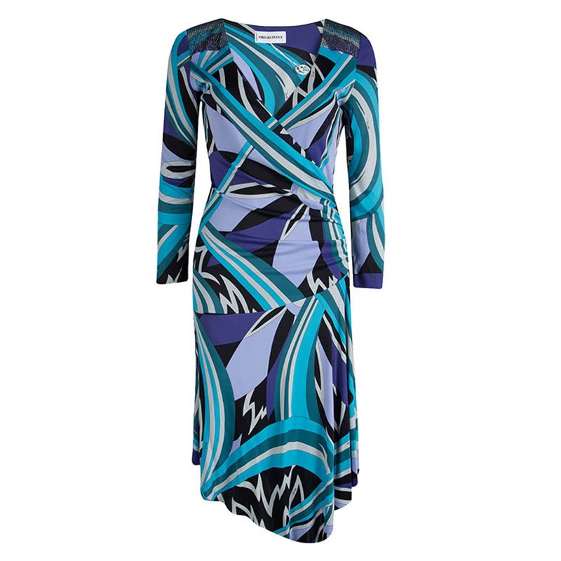 Pre Owned Emilio Pucci Blue Printed Jersey Embellished Dress M