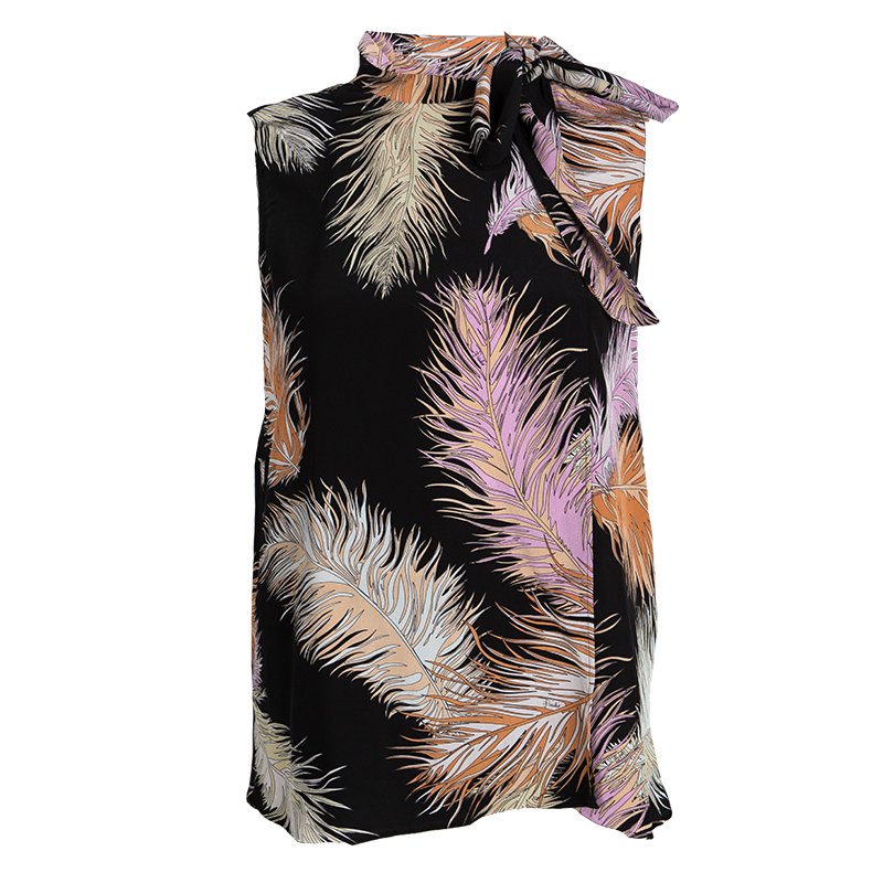 Emilio Pucci Black Feather Printed Silk Blouse M