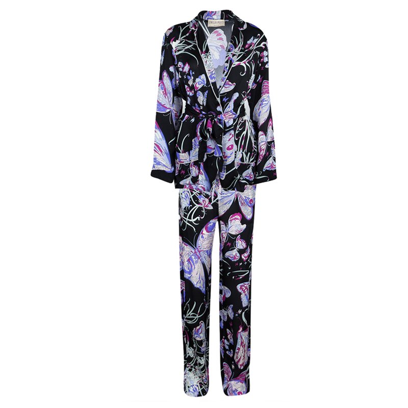 Pre Owned Emilio Pucci Black Butterfly Printed Silk Pajama Set S