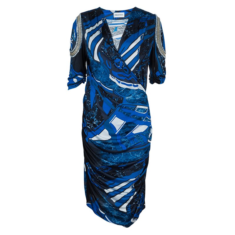 Pre Owned فستان ايميليو بوتشي كم مطرز جانب مكشكش تريكو منقوش أزرق L