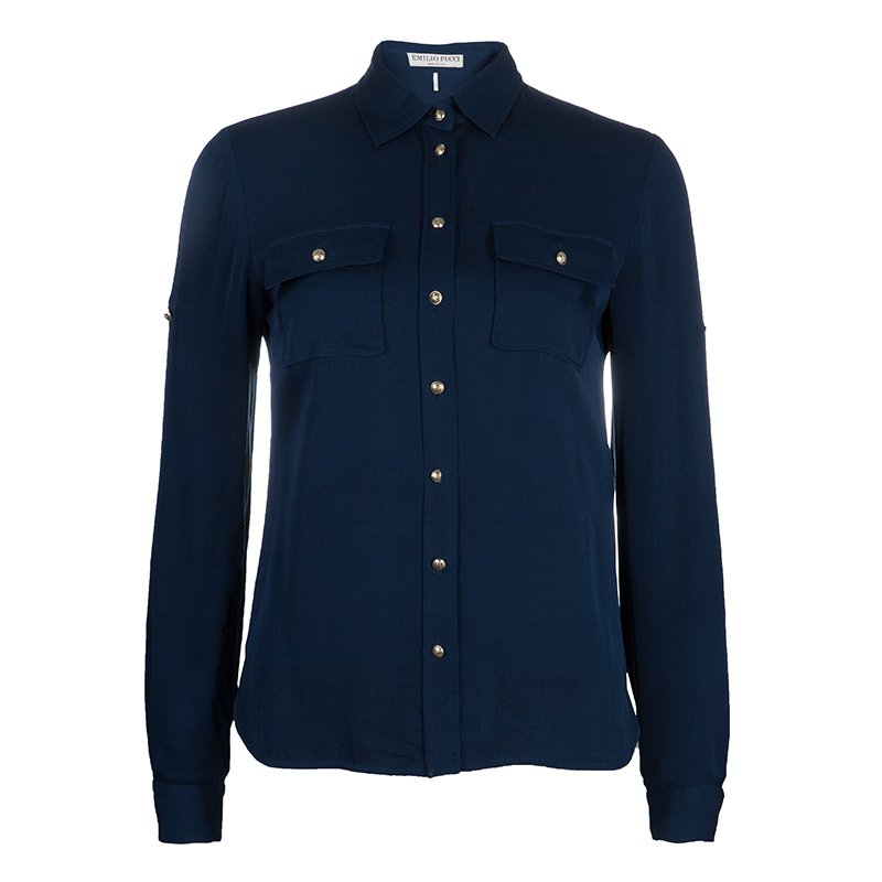 Pre Owned قميص أيميليو بوتشي حرير أزرق بأزرار أمامية وأكمام طويلة S