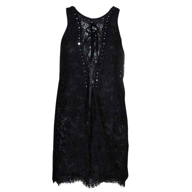 Pre Owned Emilio Pucci Black Lace Mirrorwork Tie-Up Detail Sleeveless Dress S