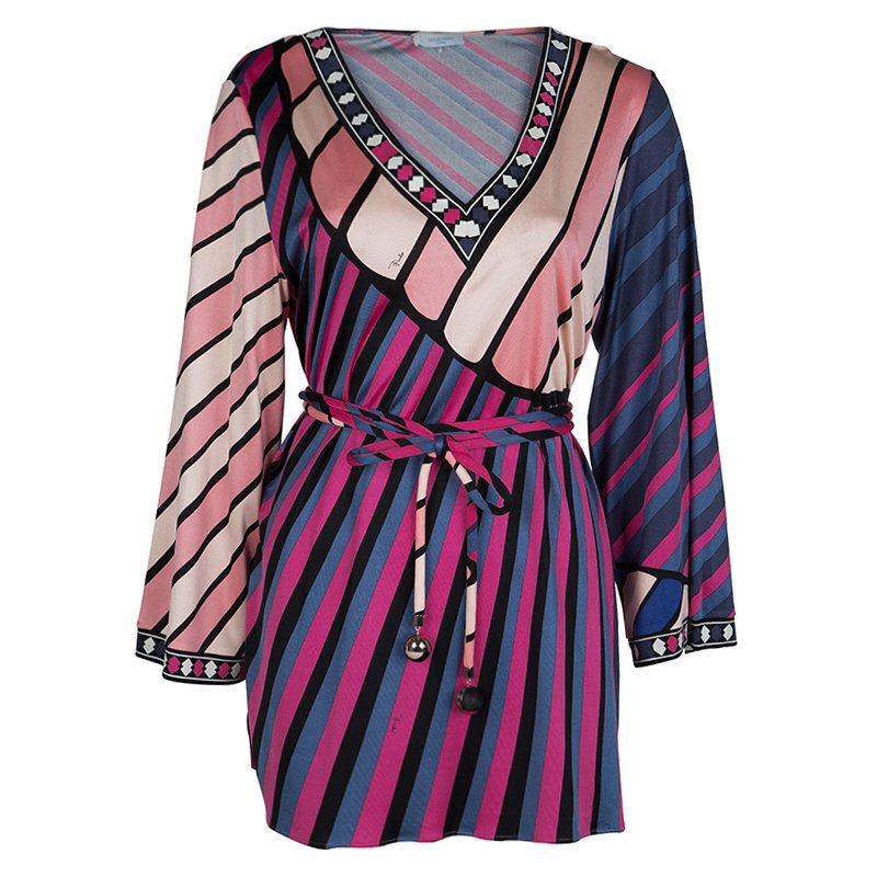 Pre Owned Emilio Pucci Multicolor Printed Knit Long Sleeve Belted Top L