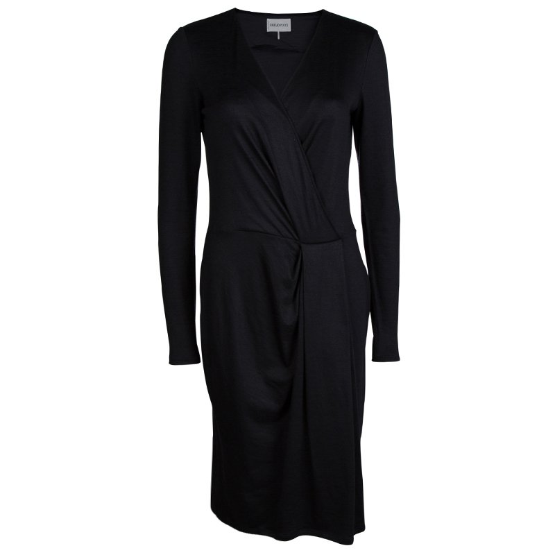 Pre Owned Emilio Pucci Black Knit Long Sleeve Draped Overlap Dress M