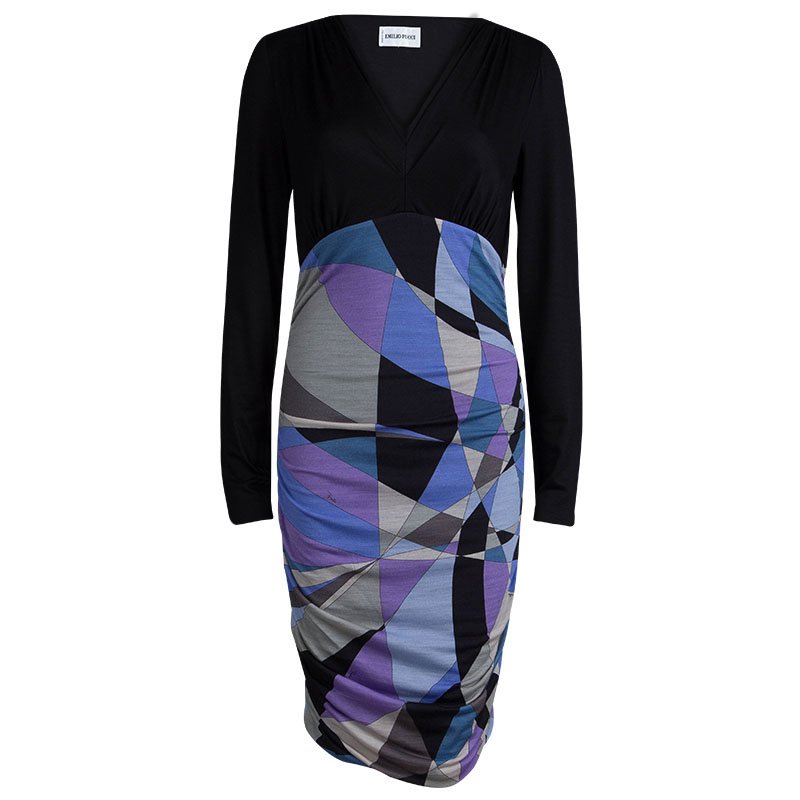 Pre Owned فستان أيميليو بوتشي تريكو مطبوع متعدد الألوان بأكمام طويلة مكشكش M