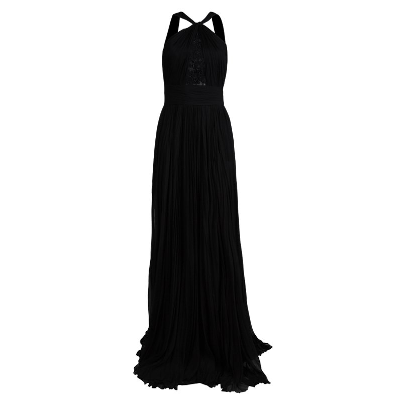 Pre Owned Emilio Pucci Black Plisse Silk Lace Detail Halter Gown S