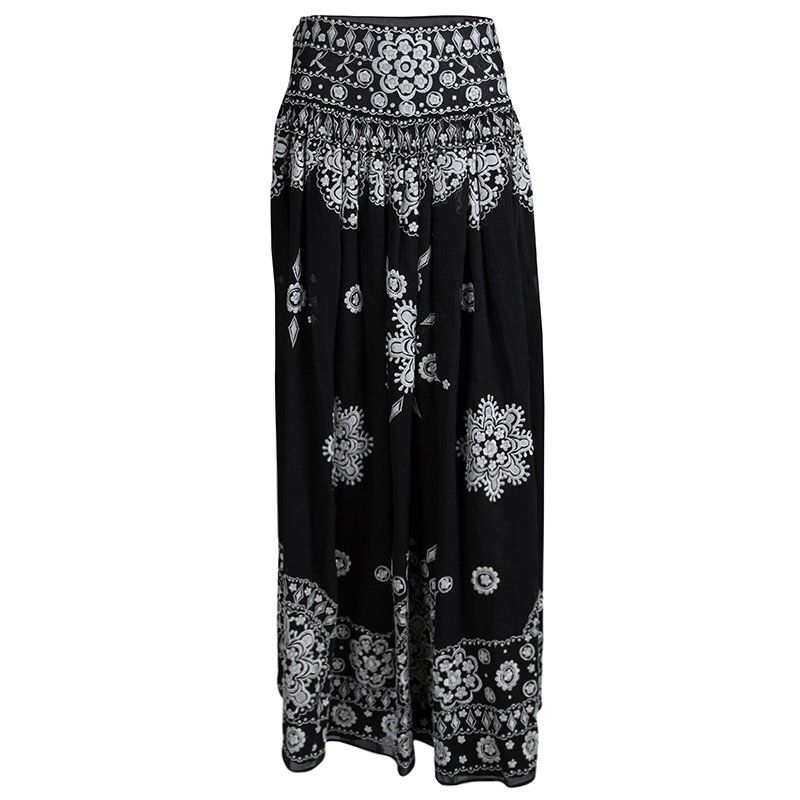 Pre Owned Emilio Pucci Black Embroidered Silk Gathered Maxi Skirt S
