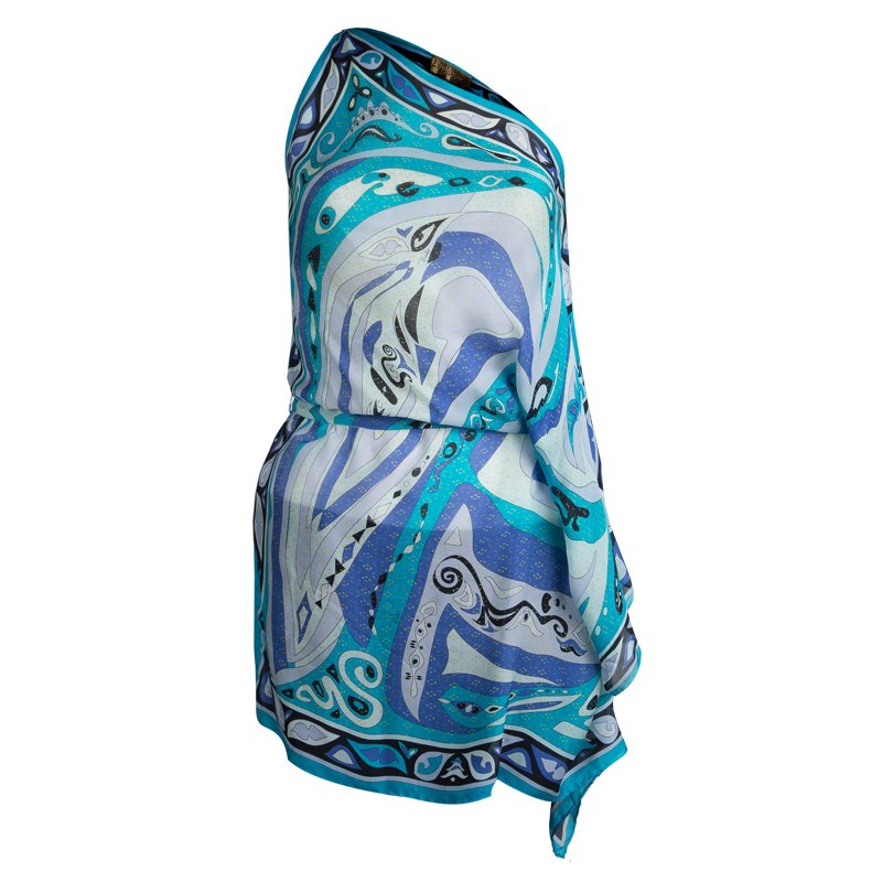 مملوكة مسبقًا Emilio Pucci Blue Abstract Silk One Shoulder Top OS