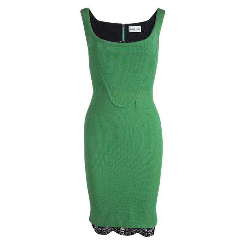 Pre Owned Emilio Pucci Green Knit Scalloped Lace Trim Sleeveless Bodycon Dress S
