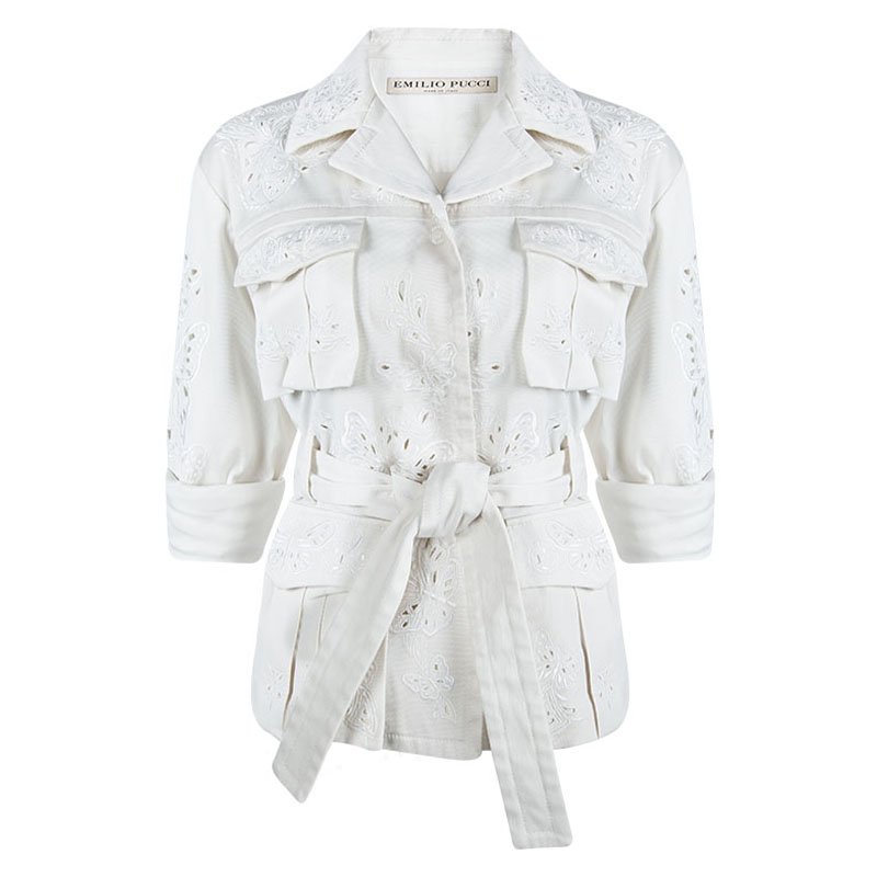 Pre Owned Emilio Pucci Off White Cutout Butterfly Embroidered Jacket S