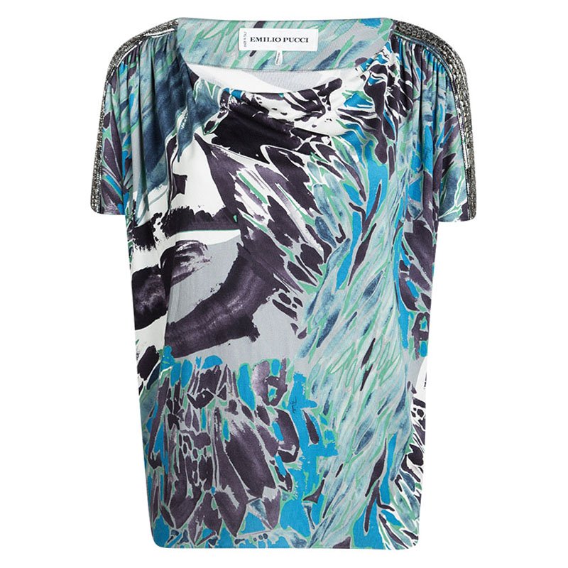 Emilio Pucci Multicolor Printed Silk Embellished Short Sleeve Top M
