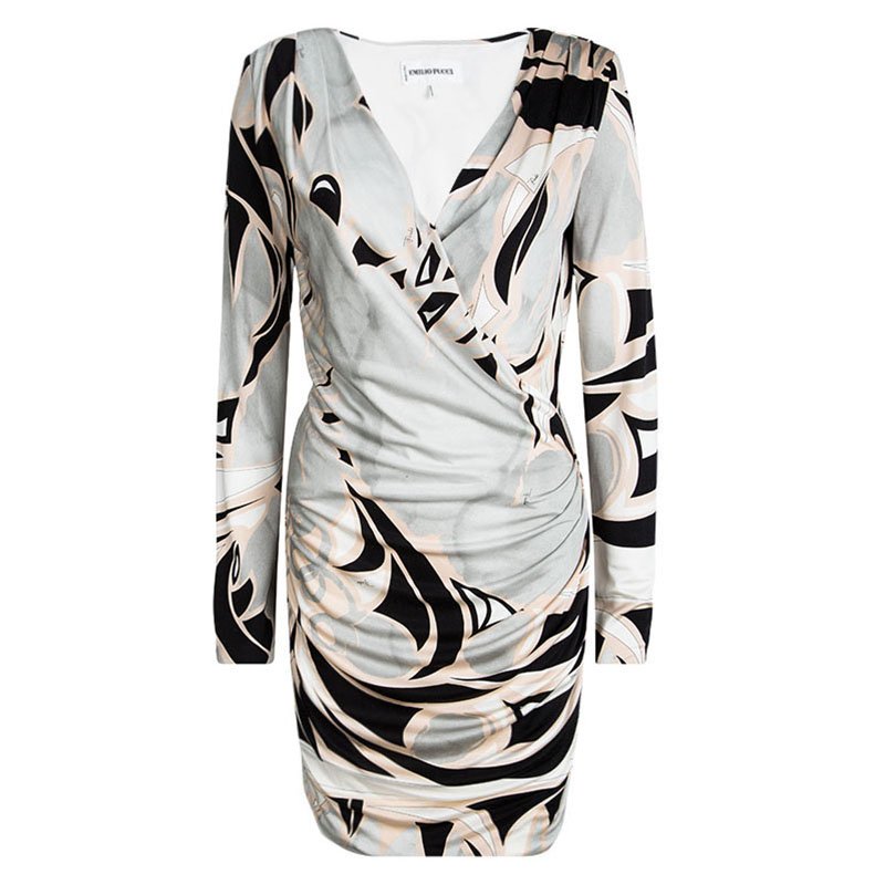 Pre Owned فستان إيميليو بوتشي حرير مطبوع متعدد الألوان بأكمام طويلة ديرابيه M