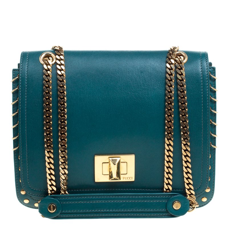 Pre Owned Emilio Pucci Emerald Green Leather Marquise Shoulder Bag