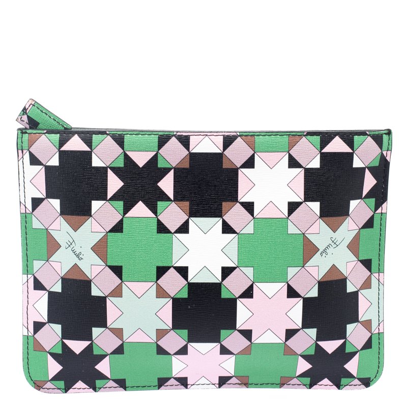 Emilio Pucci Multicolor Geometric Print Leather Small Clutch