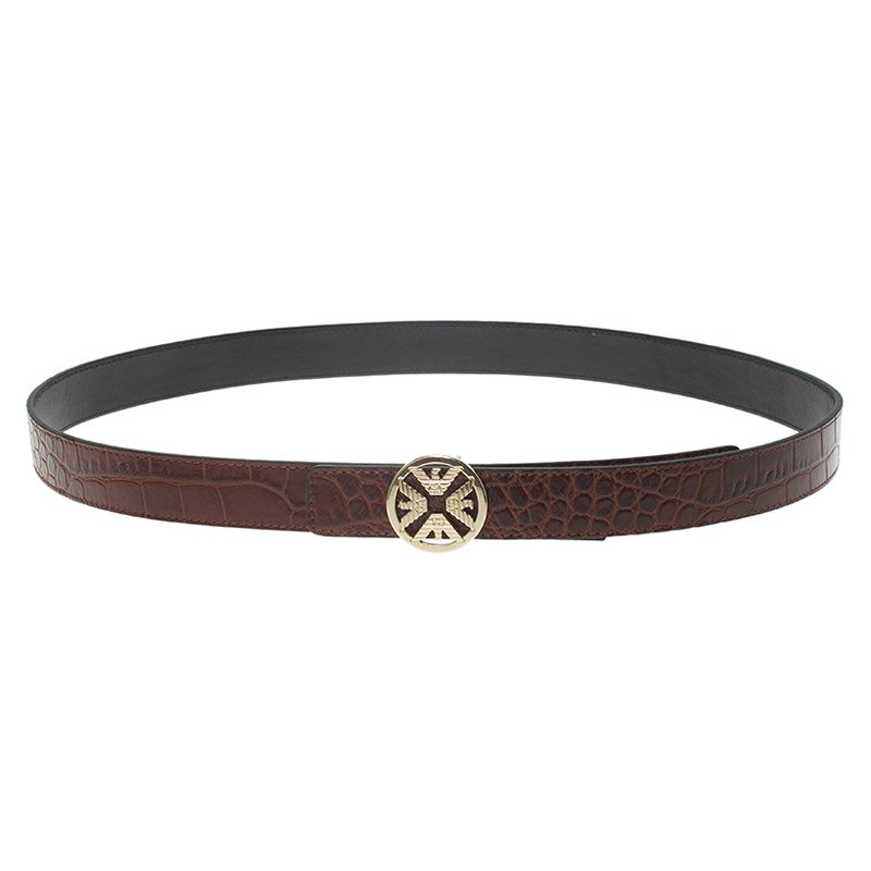 Emporio Armani Brown Croc Embossed and Black Leather Reversible Belt 110 CM