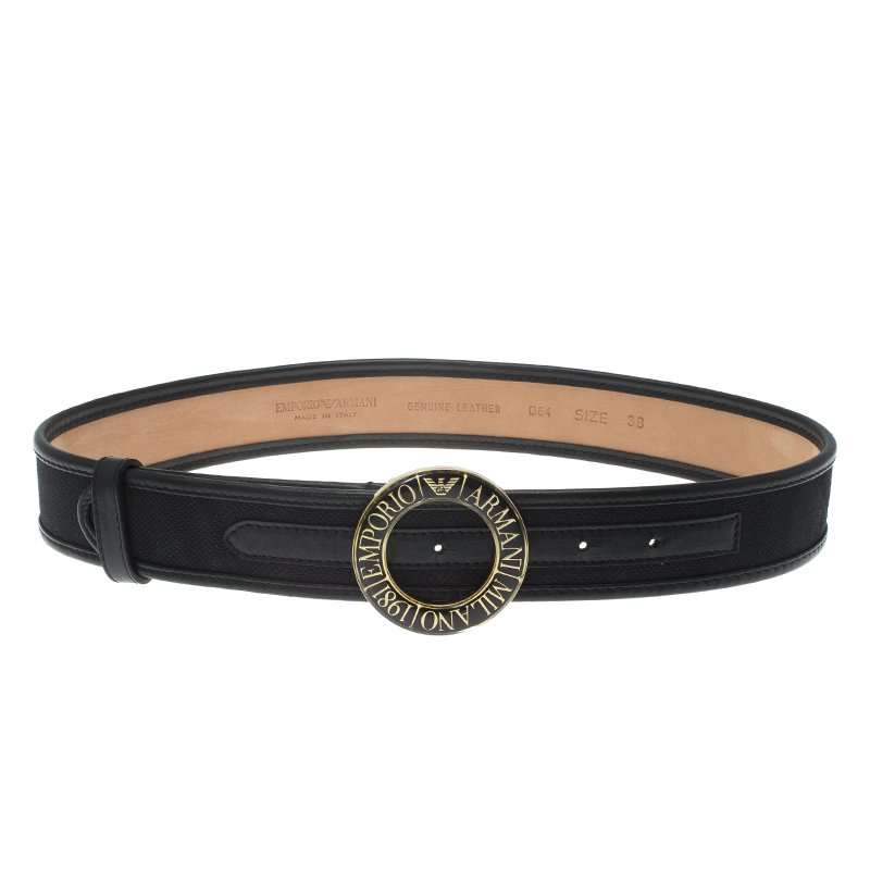 Pre Owned Emporio Armani Black Leather and Monogram Canvas Belt 95 CM