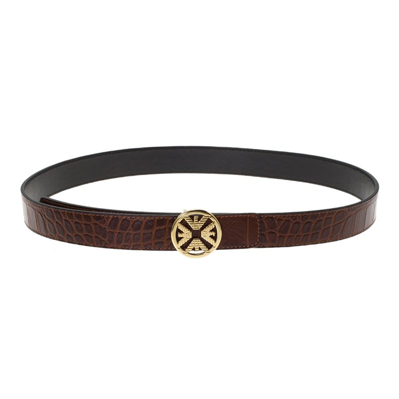 Pre Owned Emporio Armani Brown Croc Embossed and Black Leather Reversible Belt 100 CM