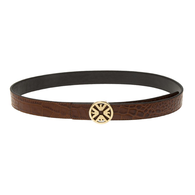 مملوكة مسبقًا Emporio Armani Brown Croc Embossed and Black Leather Reversible Belt 95 CM