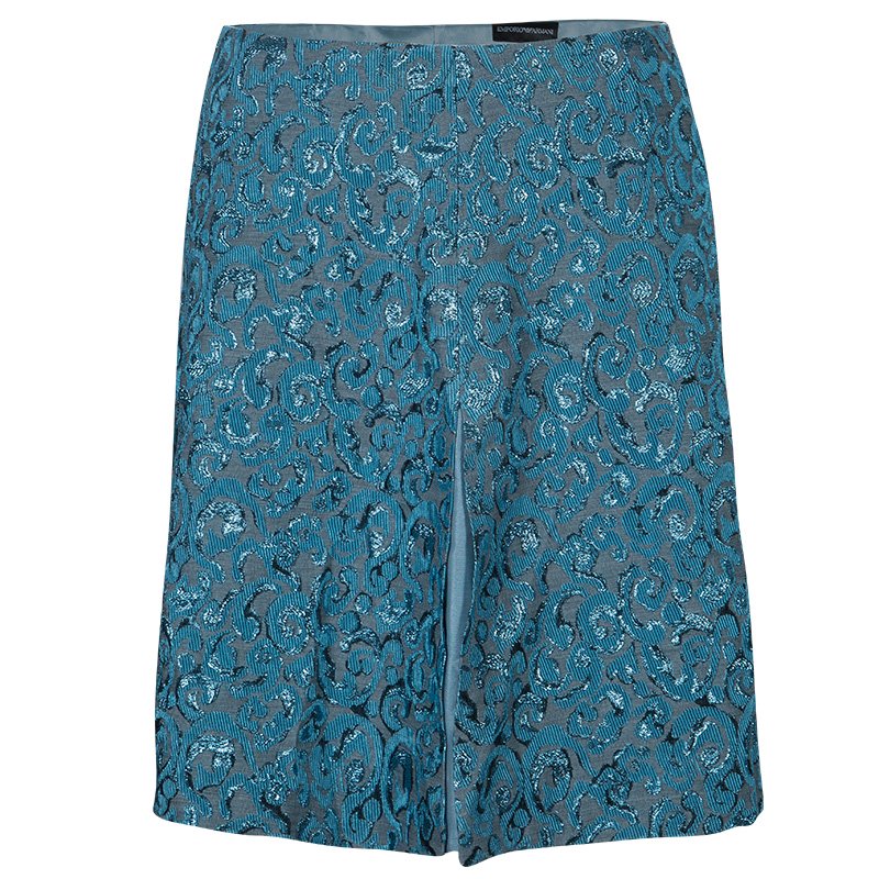Pre Owned Emporio Armani Blue Metallic Jacquard Weave Skirt S