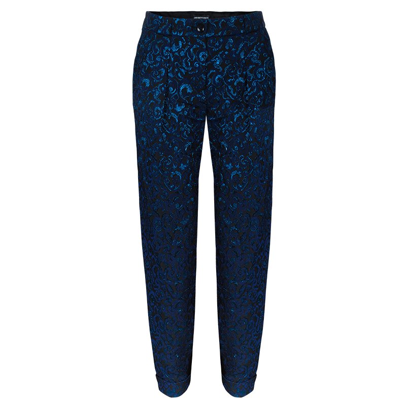 Pre Owned Emporio Armani Blue Metallic Brocade Pants S
