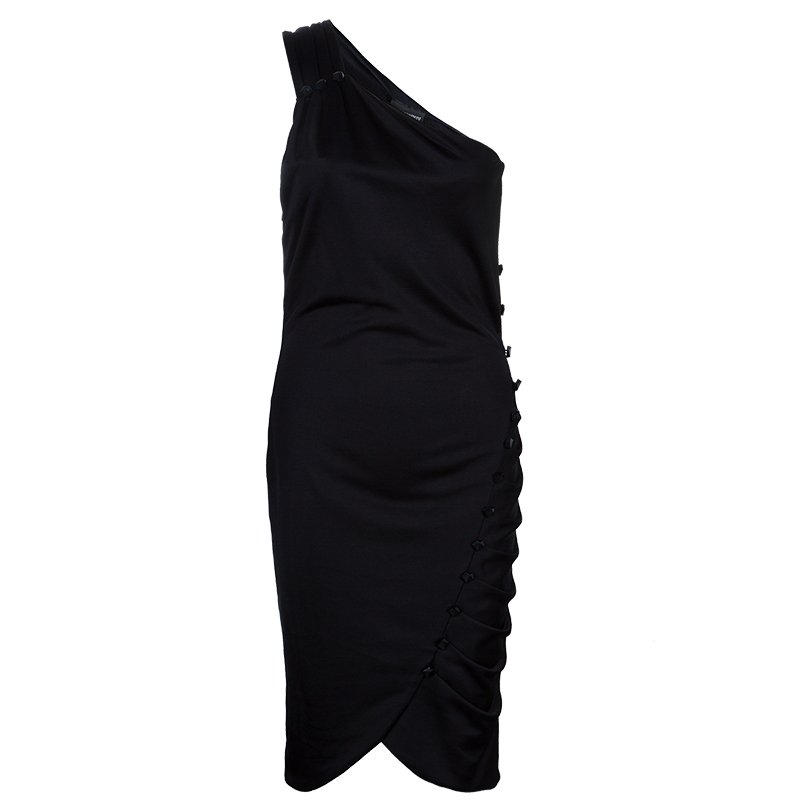 Pre Owned Emporio Armani Black One Shoulder Button Detail Dress M