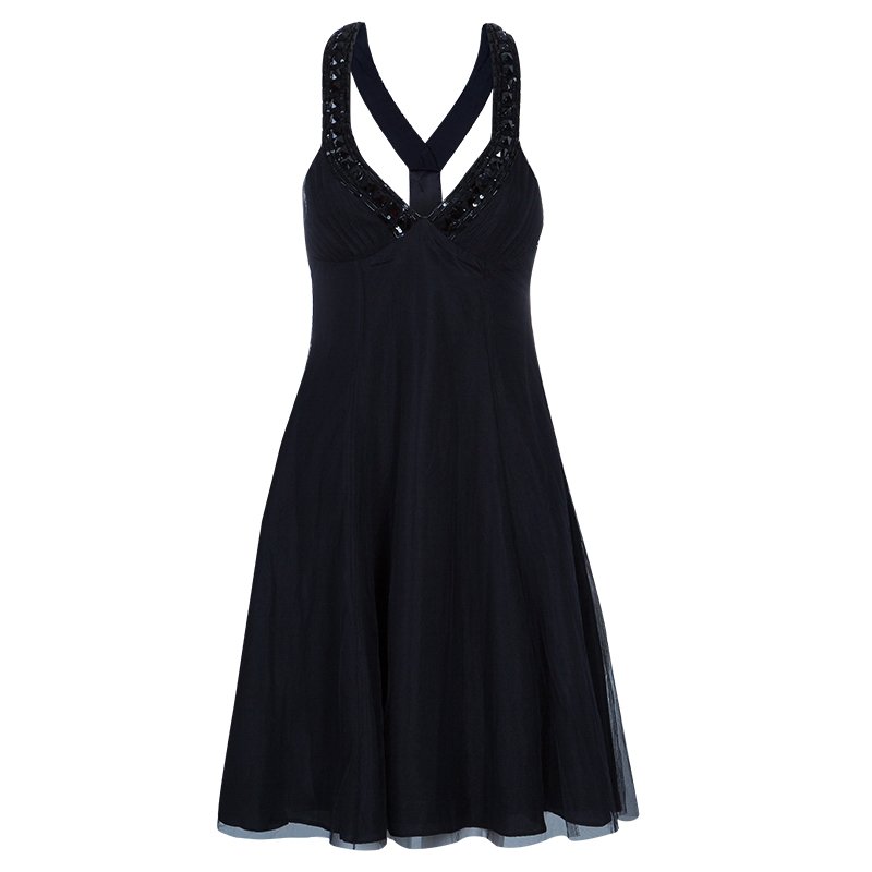 Pre Owned Emporio Armani Black Embellished Tulle Dress S