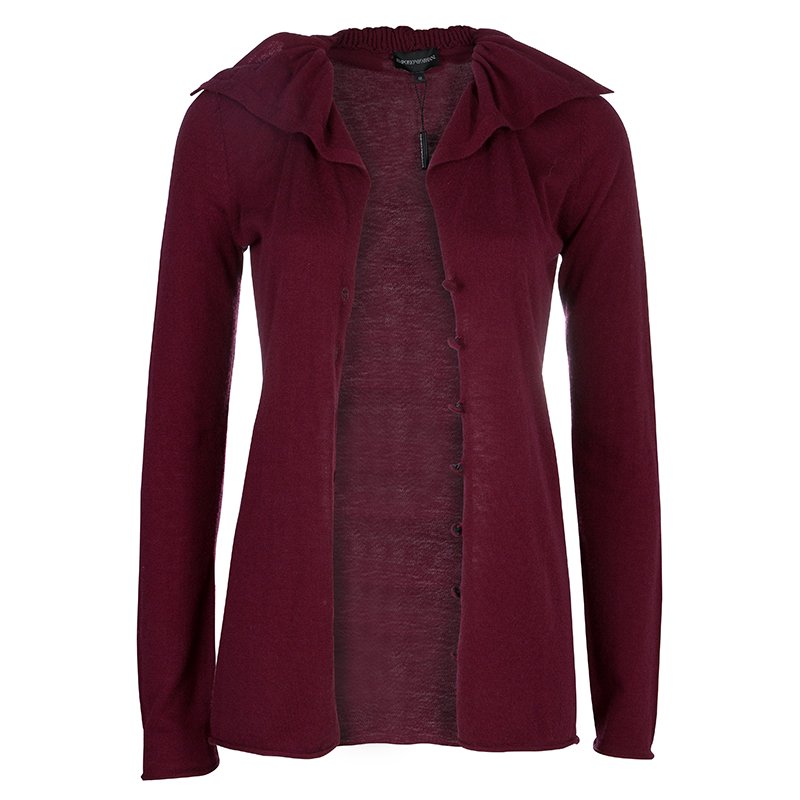 Pre Owned Emporio Armani Maroon Sequin Ruffle Collar Detail Long Sleeve Buttondown Cardigan M