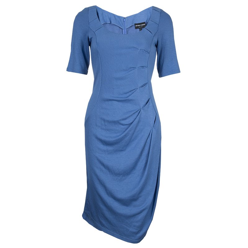 Pre Owned Emporio Armani Blue Knit Ruched Dress M