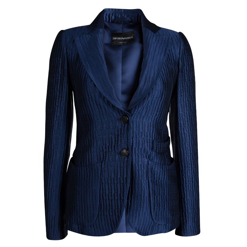 Pre Owned Emporio Armani Navy Blue Intracciato Effect Blazer S